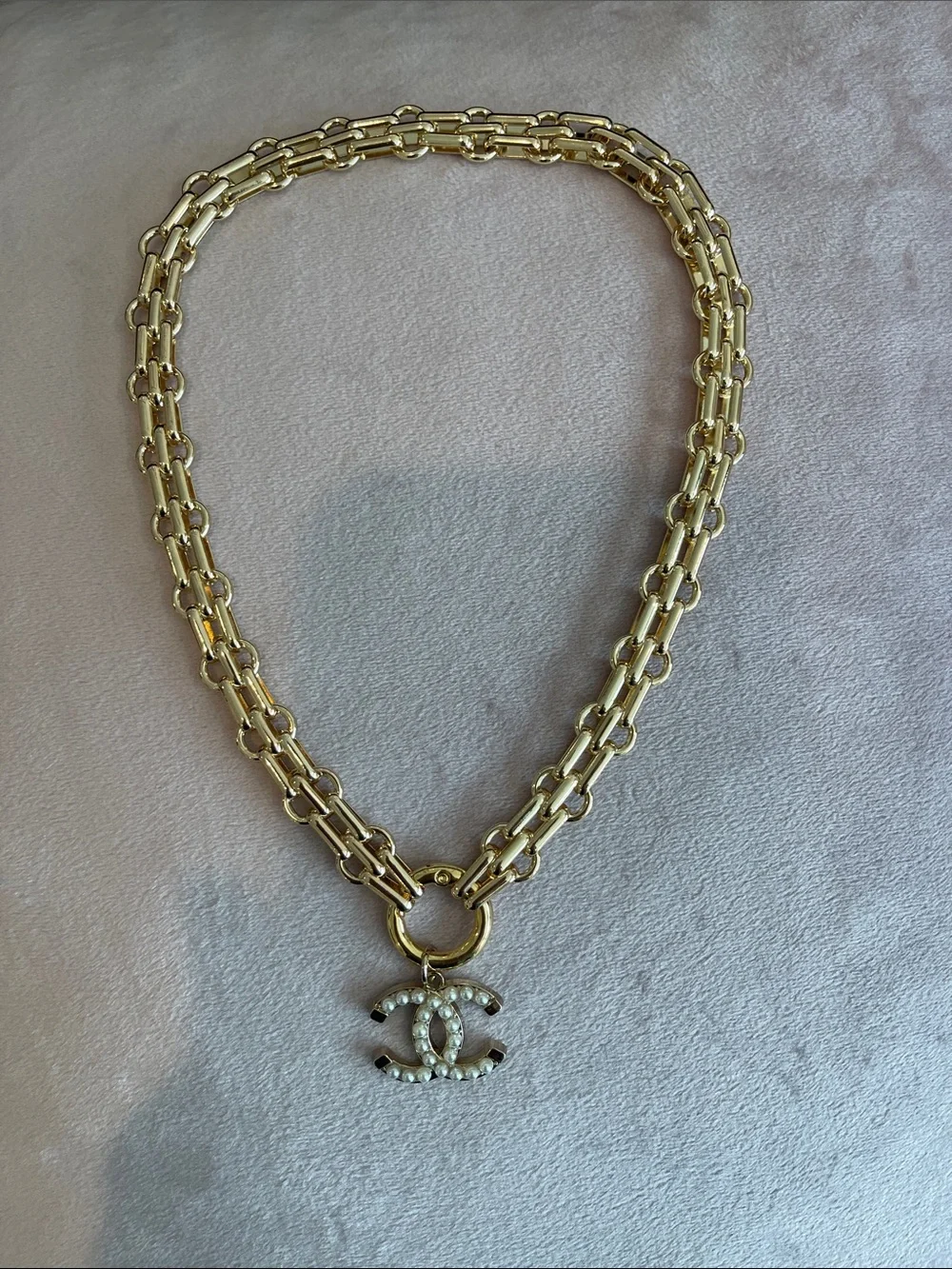 CHANEL Gold and Pearl CC Charm And Double Chain Necklace